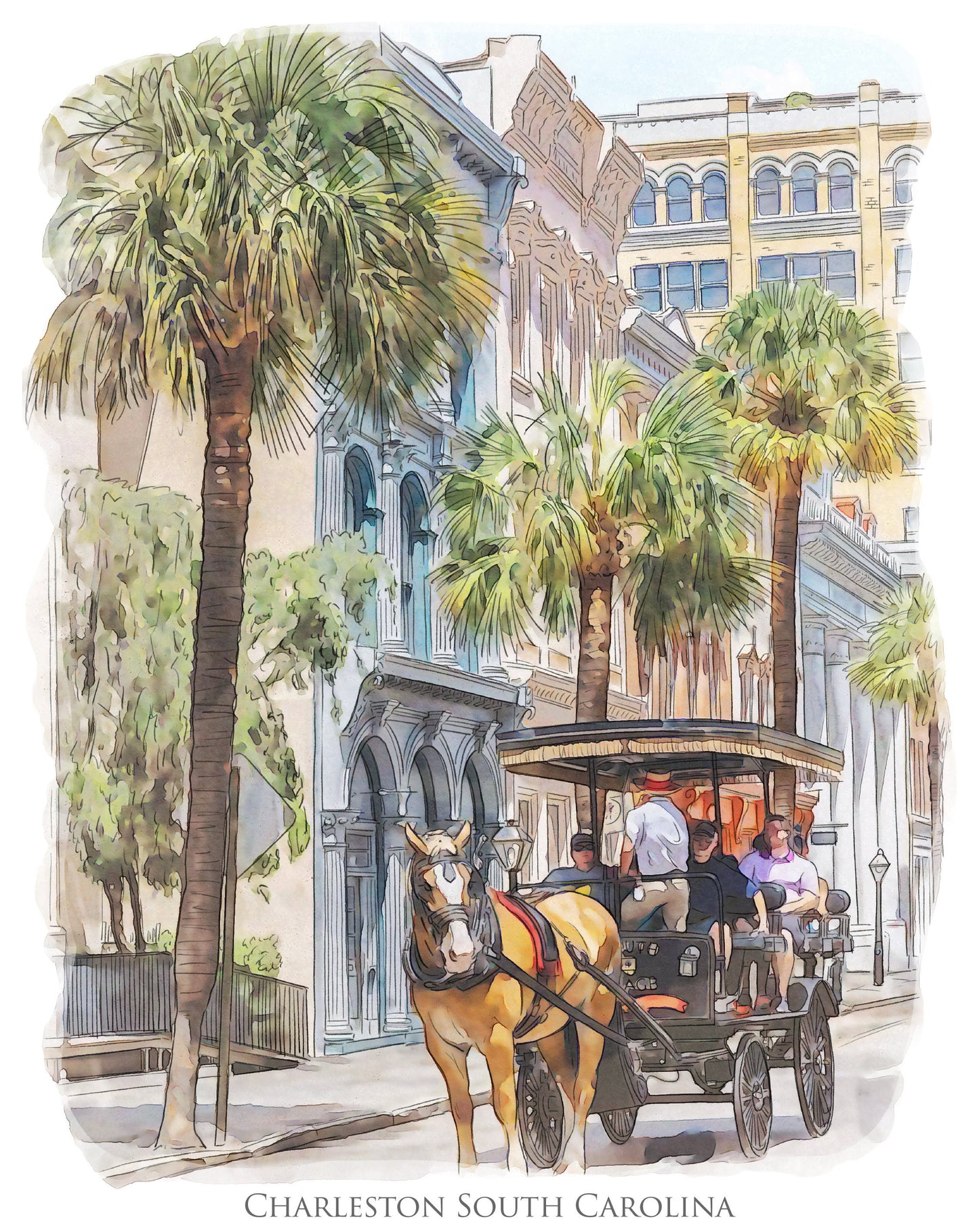 Charleston South Carolina (watercolor painting) printed on a microfiber kitchen towel 16" x 24"