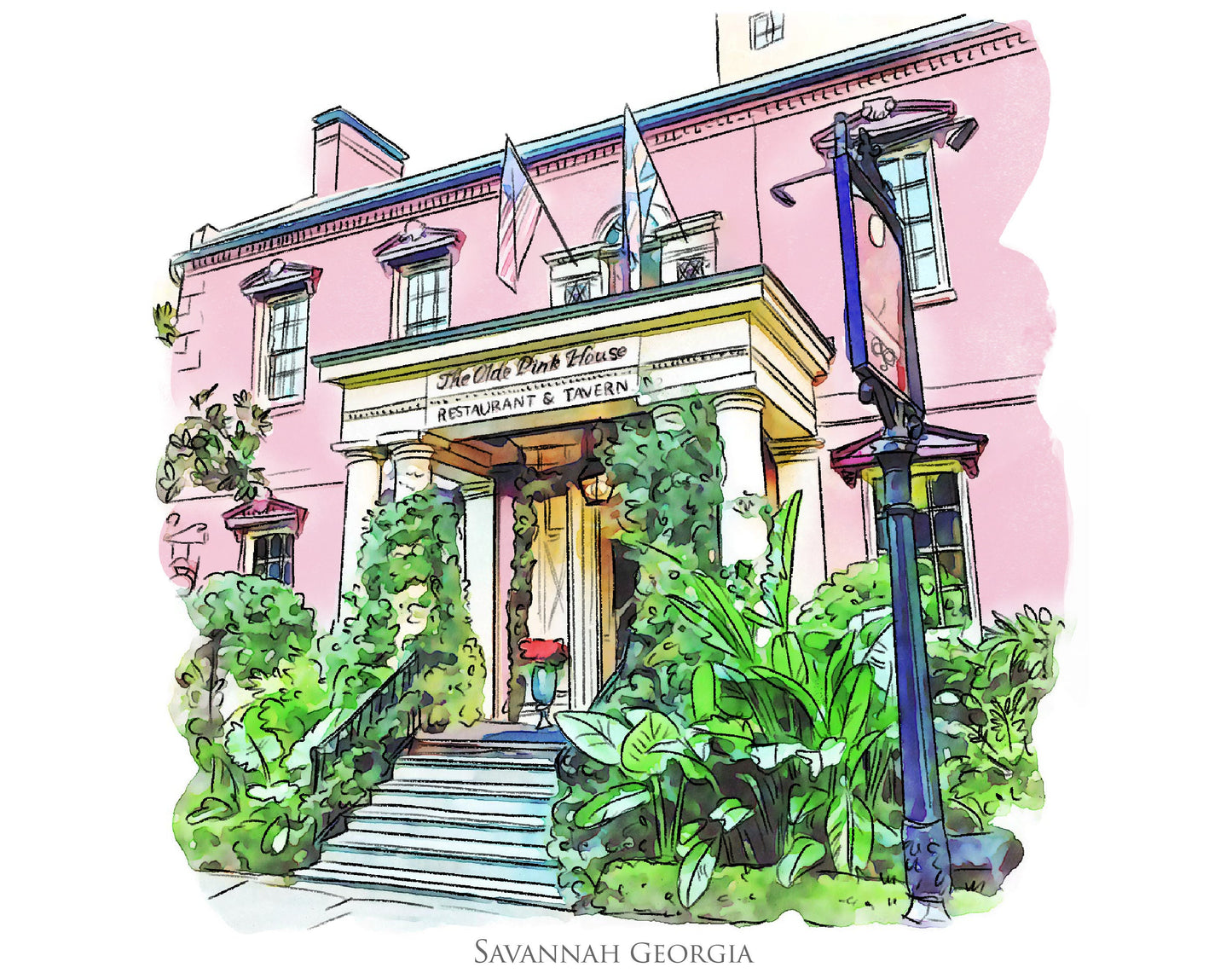 The Olde Pink House restaurant Savannah Georgia (watercolor painting) printed on a microfiber kitchen towel 16" x 24"