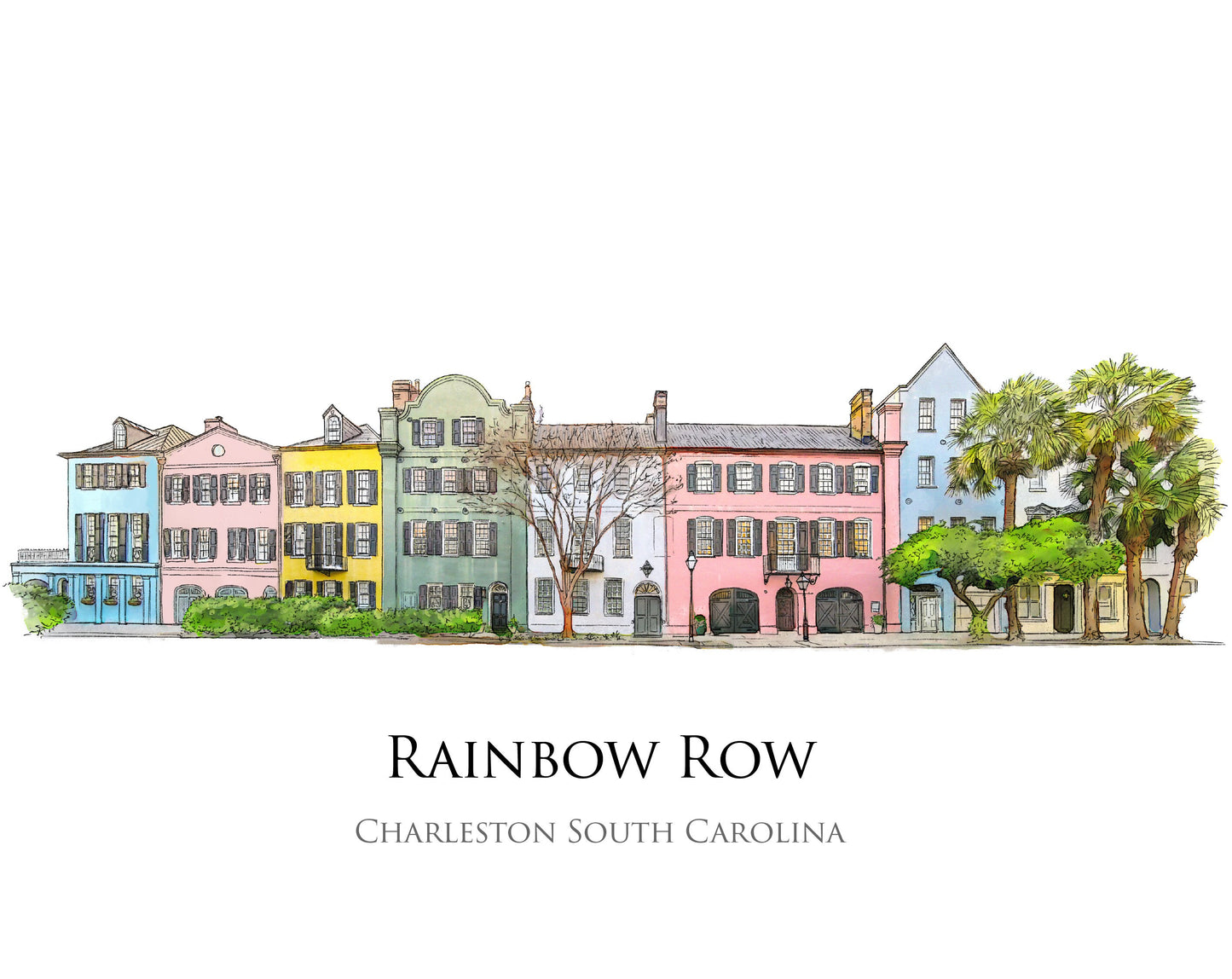 Rainbow Row Charleston South Carolina (watercolor painting) printed on a microfiber kitchen towel 16" x 24"