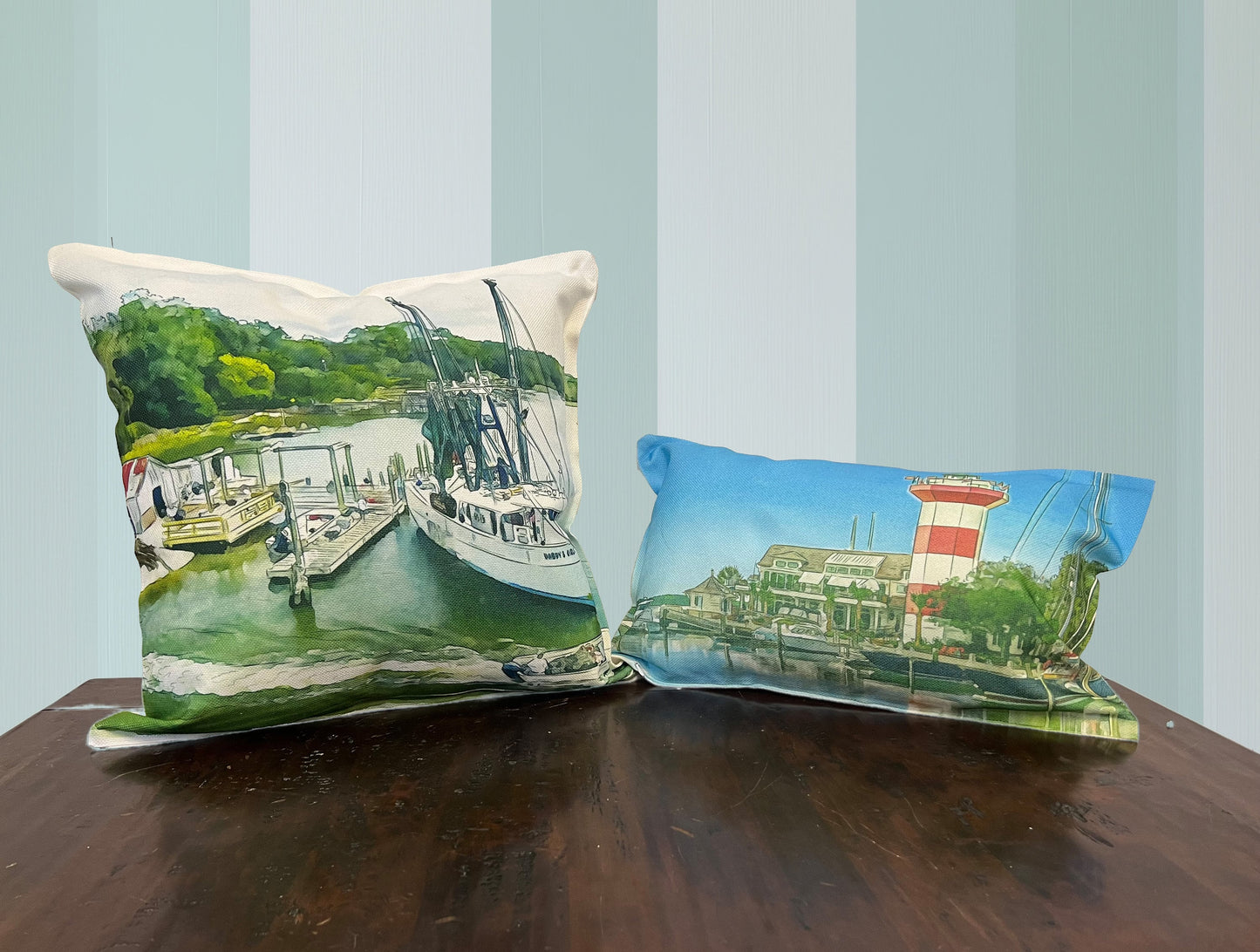 watercolor painting of Harbour town Lighthouse Hilton Head Island South Carolina printed on a 12 inch by 20 inch throw pillow