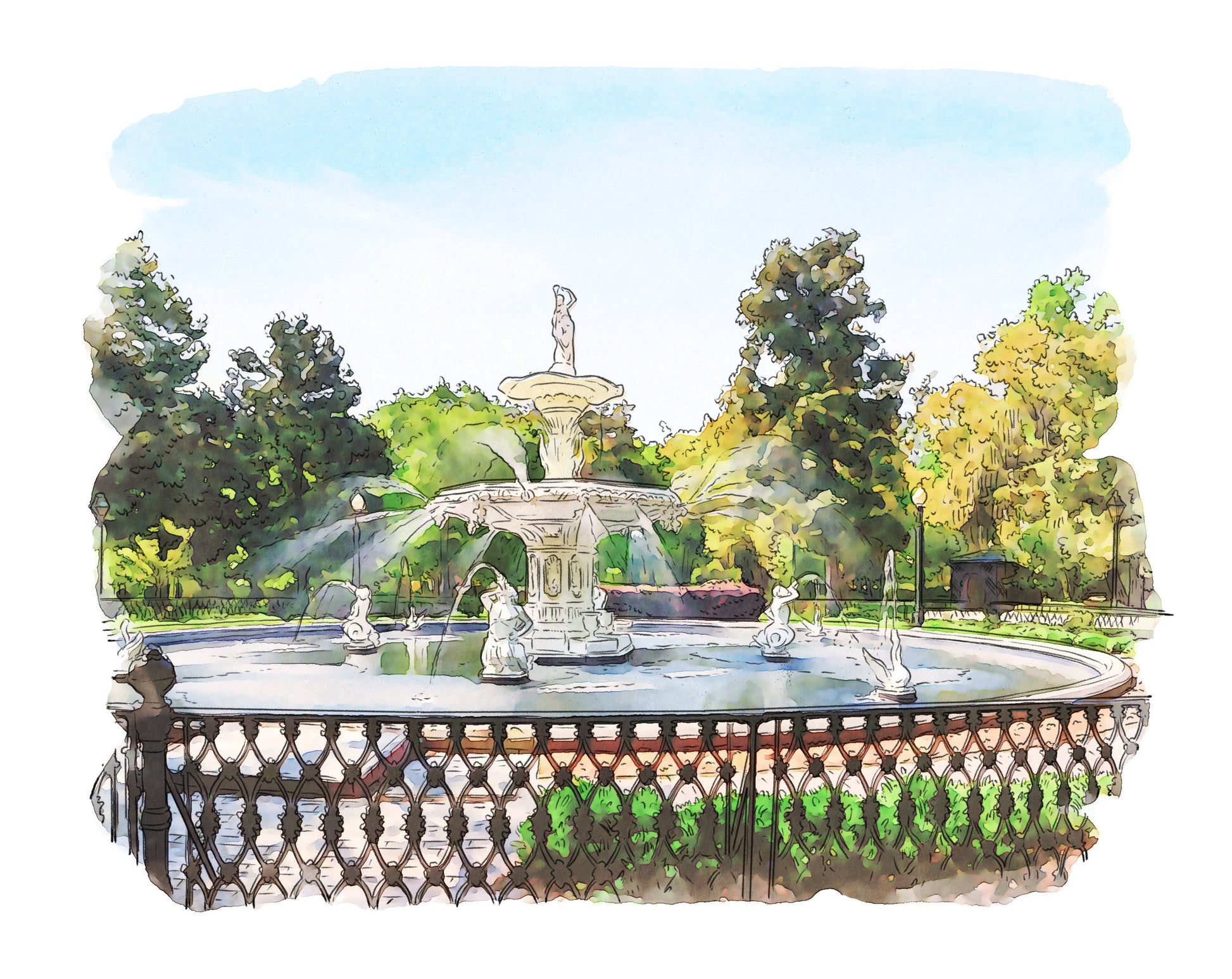 watercolor painting of Forsyth Park Fountain Savannah Georgia printed on a 20 inch by 20 inch throw pillow