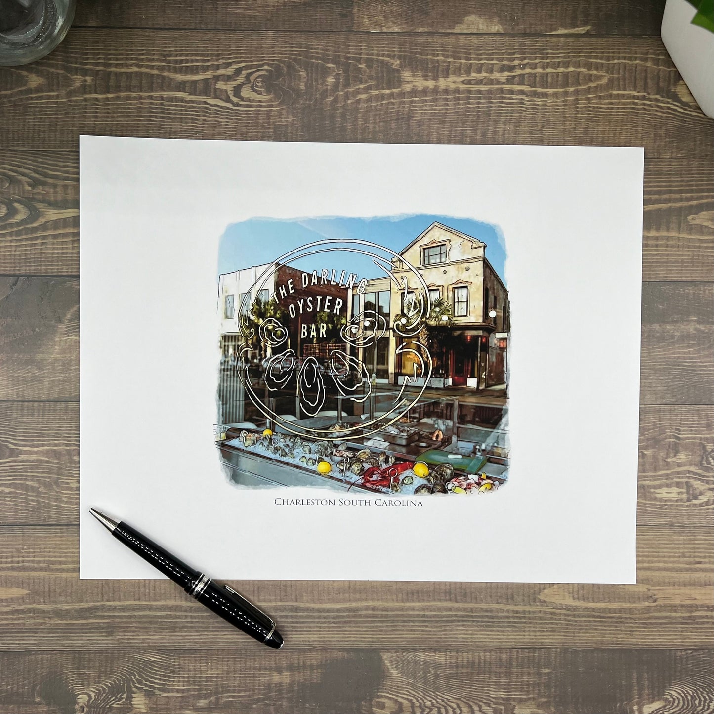 watercolor painting of The Darling Oyster Bar Charleston South Carolina printed on a 20 inch by 20 inch throw pillow