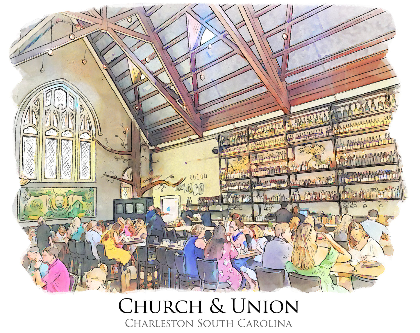 watercolor painting of Church and Union Charleston South Carolina printed on a 20 inch by 20 inch throw pillow