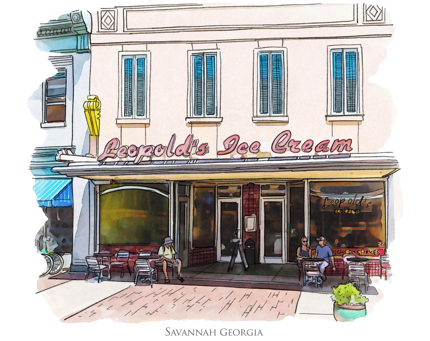 Leopolds Ice Cream Savannah Georgia watercolor painting Giclee Fine Art Print (Framed or Unframed)