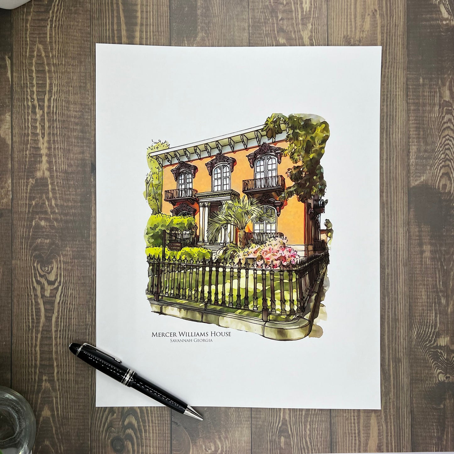 watercolor painting of Mercer Williams House Savannah Georgia printed on a 20 inch by 20 inch throw pillow