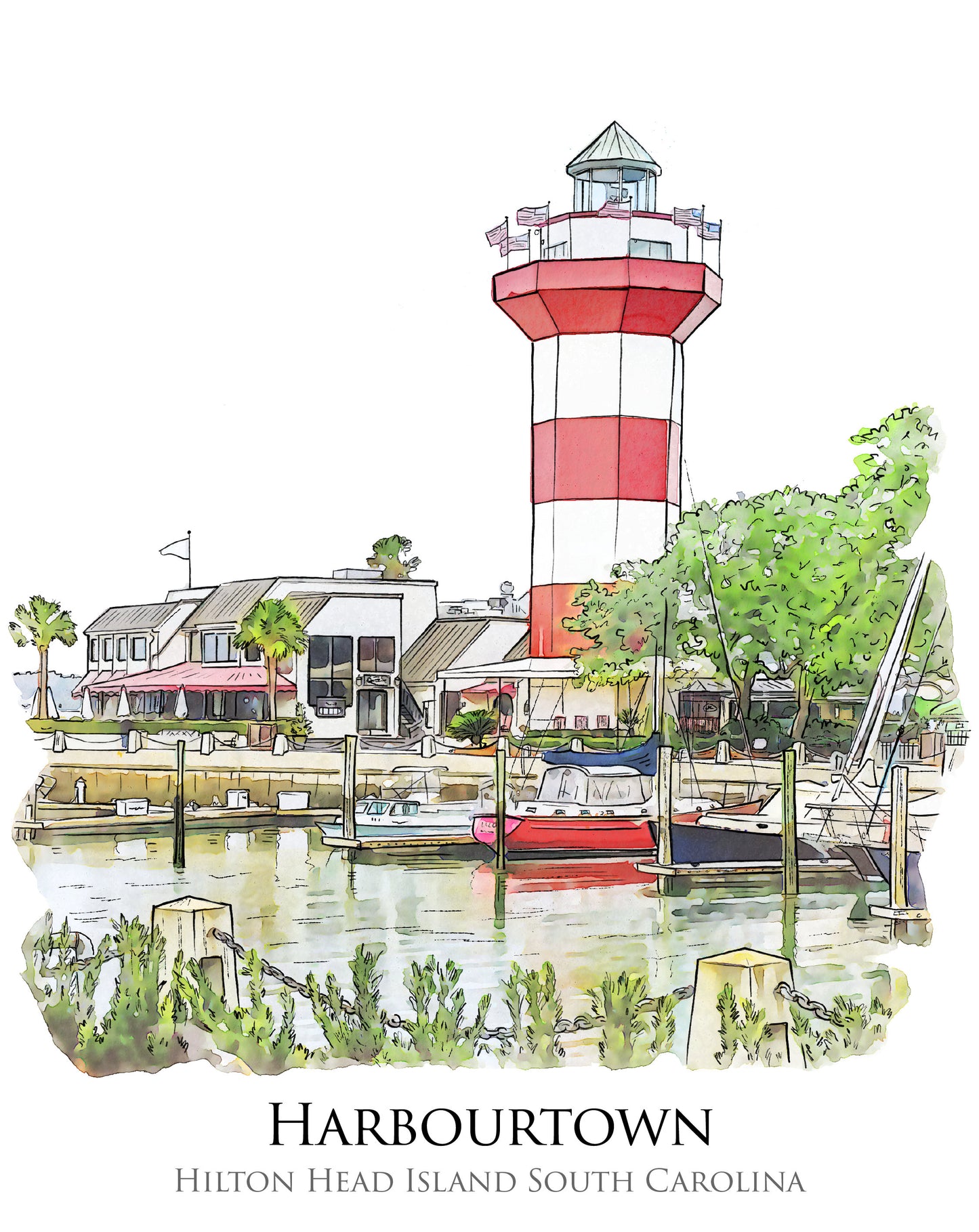 watercolor painting of Harbourtown Lighthouse Hilton Head Island South Carolina printed on a 20 inch by 20 inch throw pillow