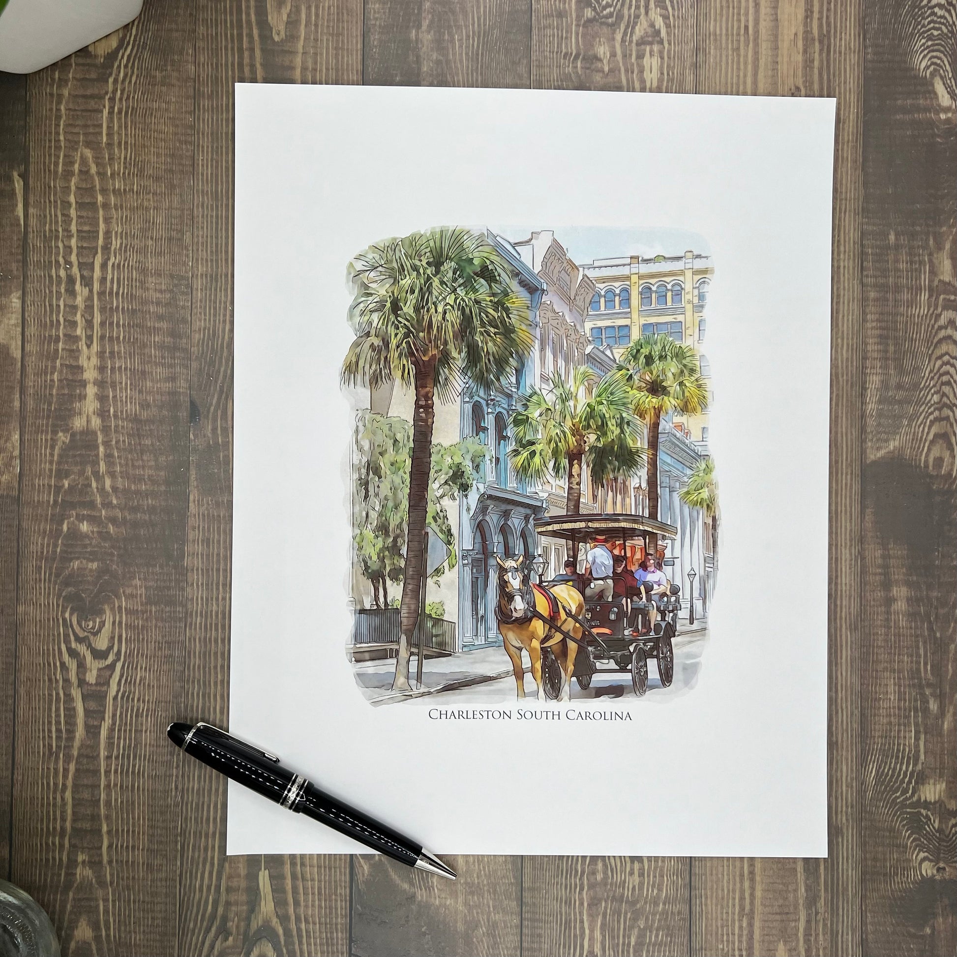 watercolor painting of Carriage Tour Charleston South Carolina printed on a 20 inch by 20 inch throw pillow