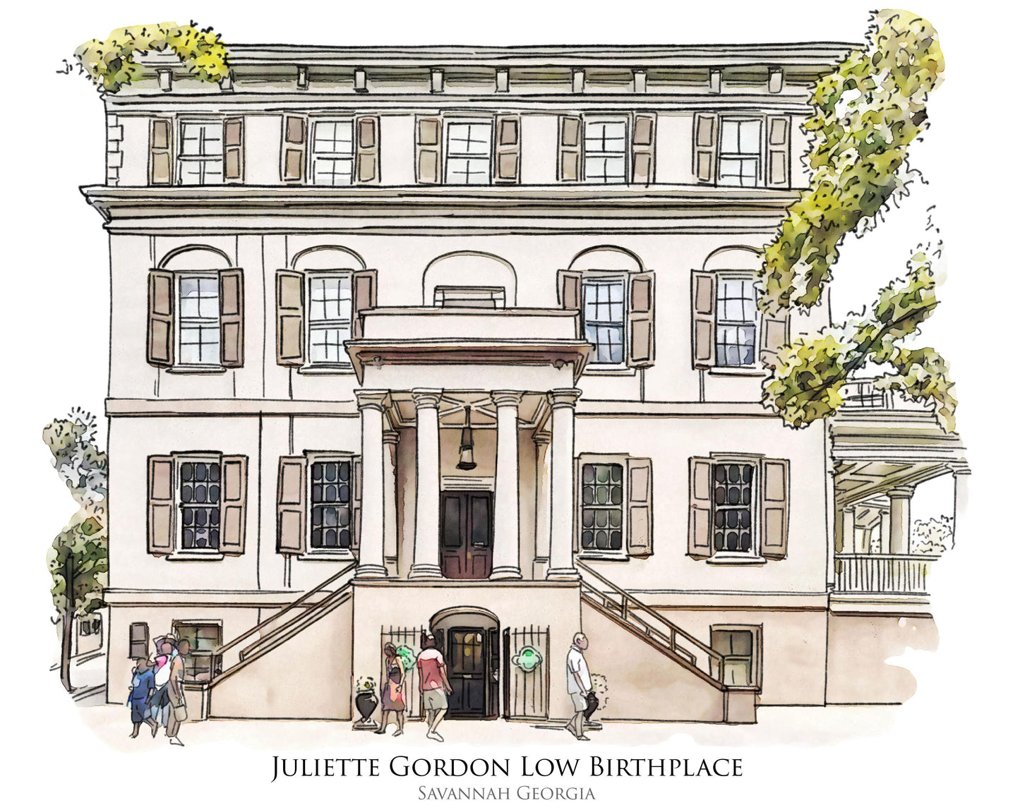 watercolor painting of Juliette Gordon Low Birthplace Savannah Georgia printed on a 20 inch by 20 inch throw pillow