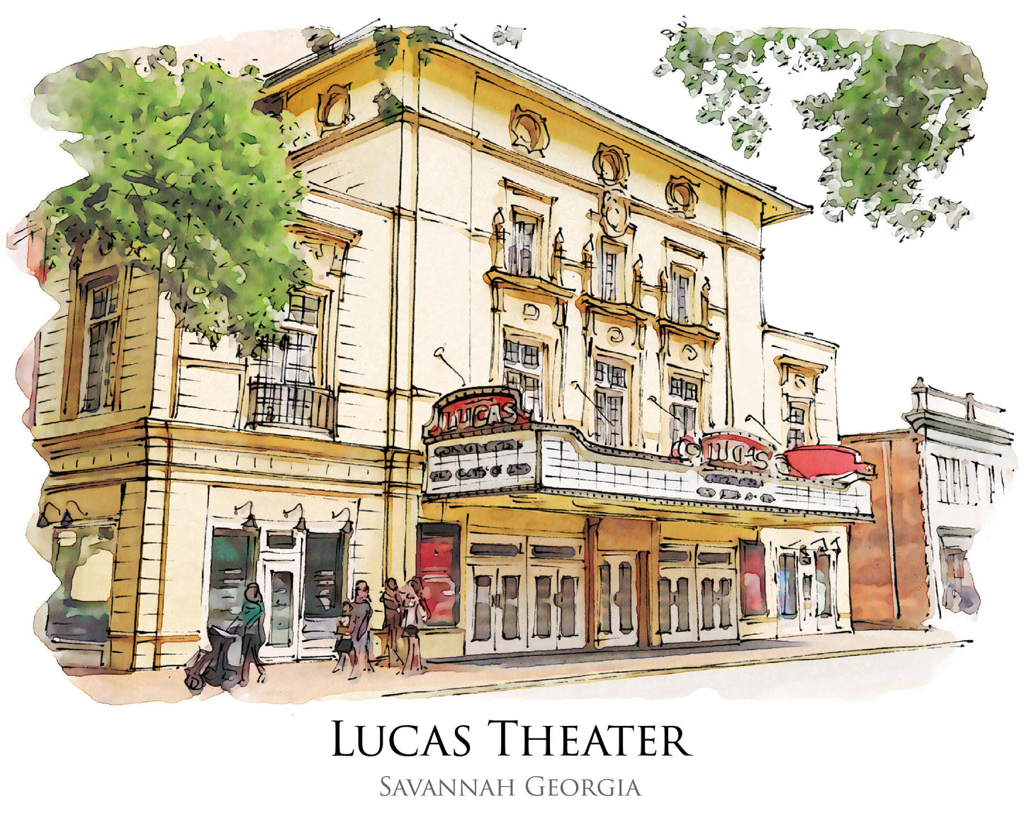 watercolor painting of Lucas Theater SCAD Savannah Georgia printed on a 20 inch by 20 inch throw pillow