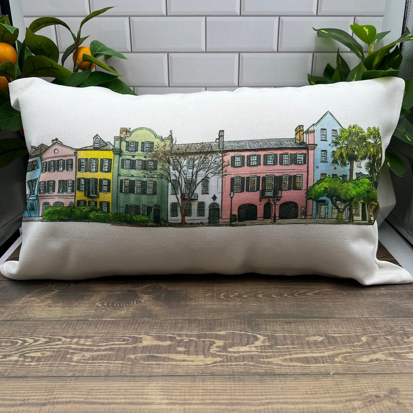 Rainbow Row Charleston South Carolina (watercolor painting) printed on a 12" x 20" lumbar pillow