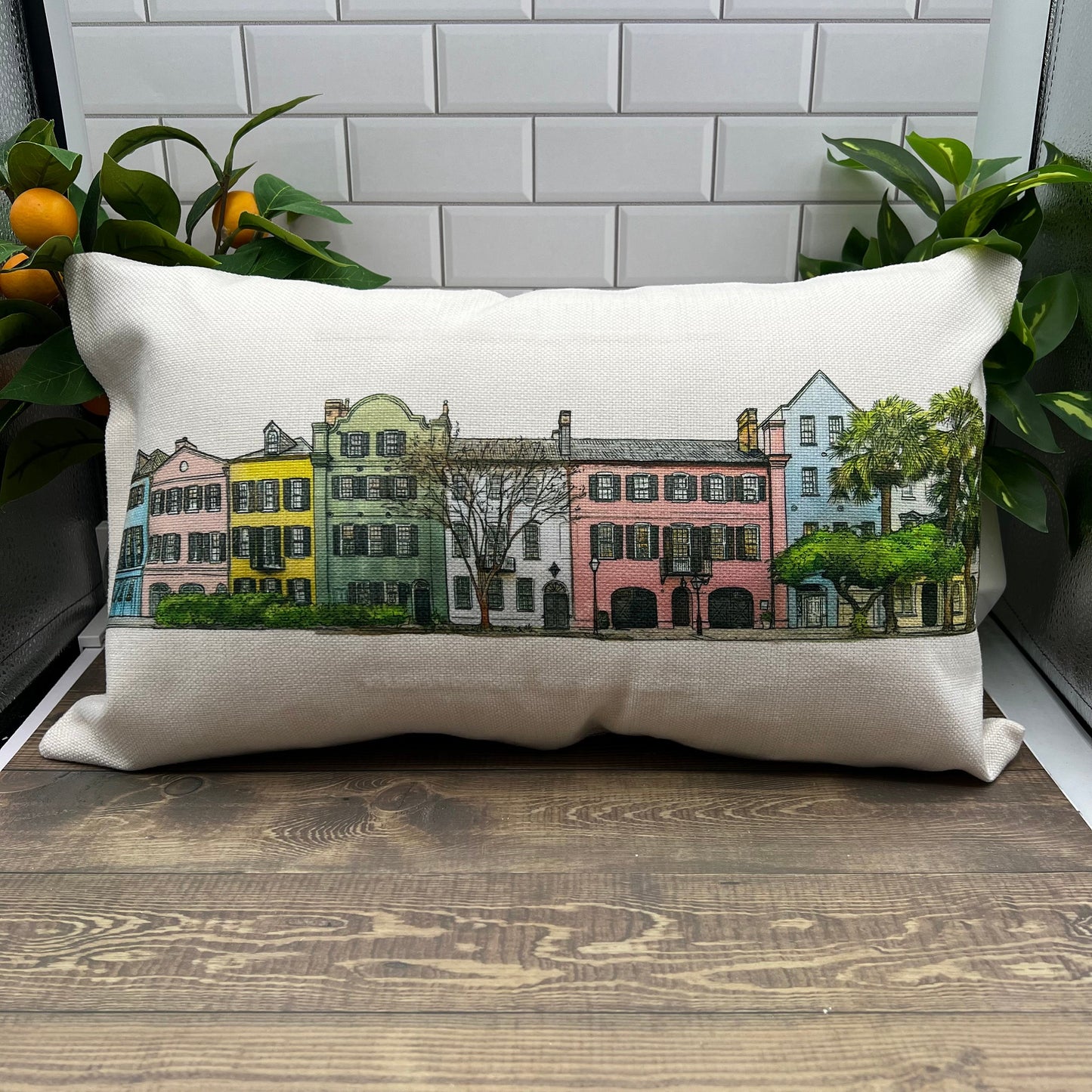 Rainbow Row Charleston South Carolina (watercolor painting) printed on a 12" x 20" lumbar pillow