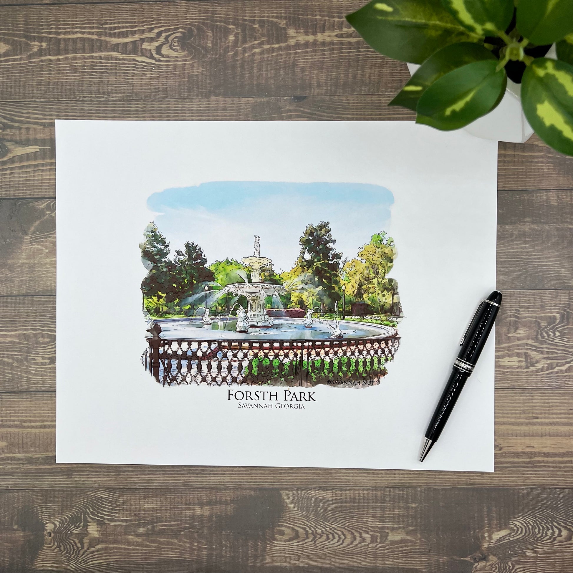 watercolor painting of Forsyth Park Fountain Savannah Georgia printed on a 20 inch by 20 inch throw pillow