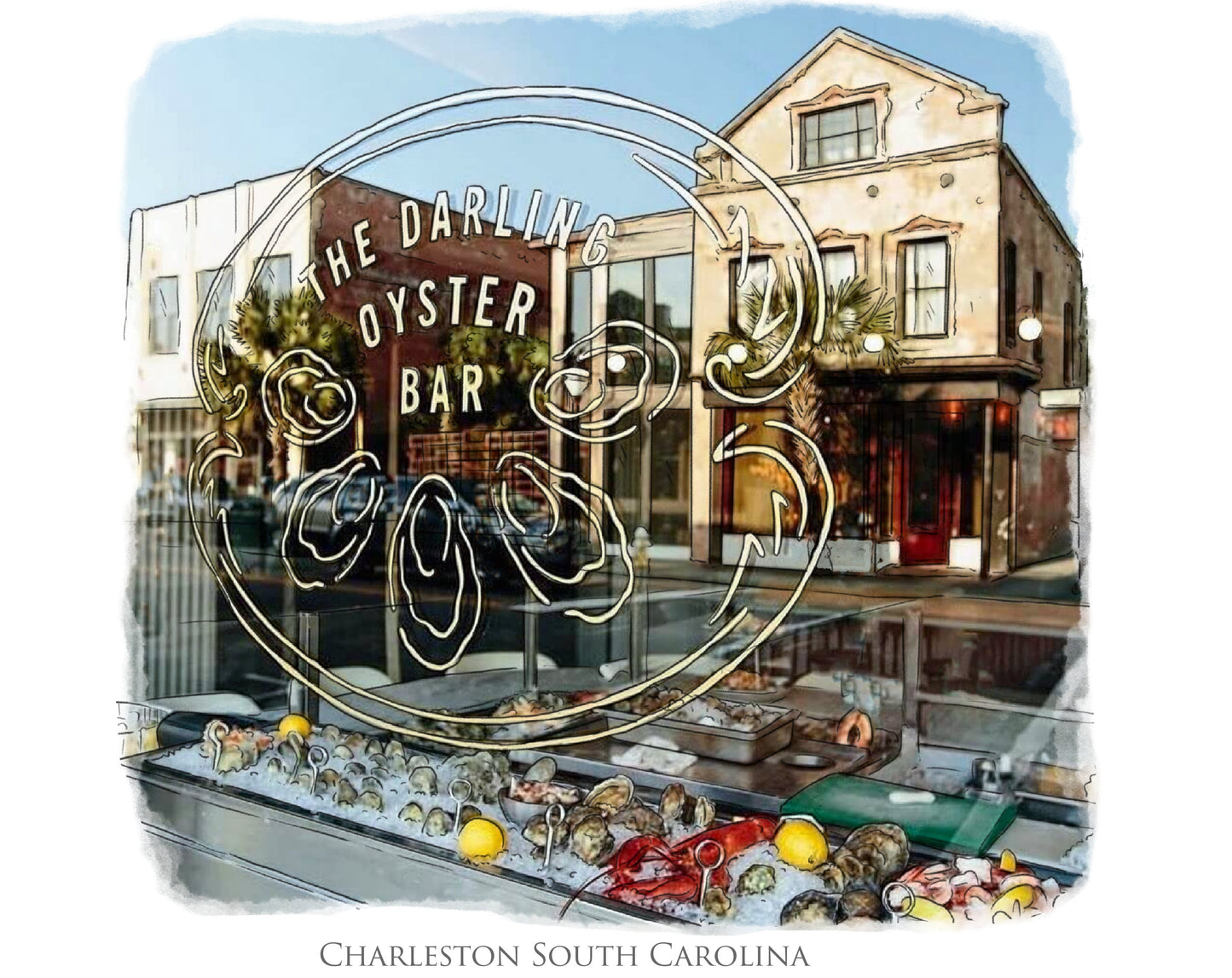 watercolor painting of The Darling Oyster Bar Charleston South Carolina printed on a 20 inch by 20 inch throw pillow