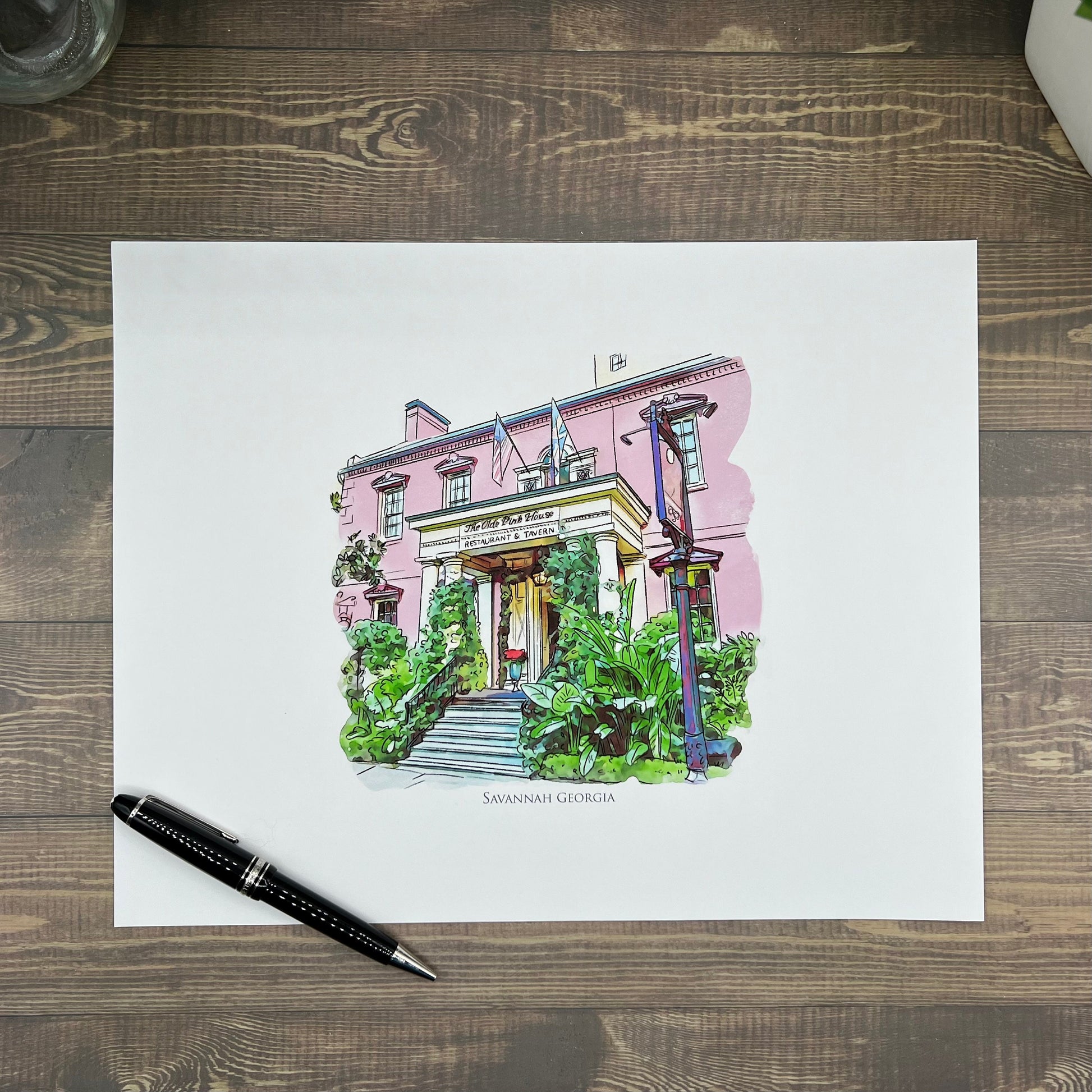 watercolor painting of The Olde Pink House Savannah Georgia printed on a 20 inch by 20 inch throw pillow