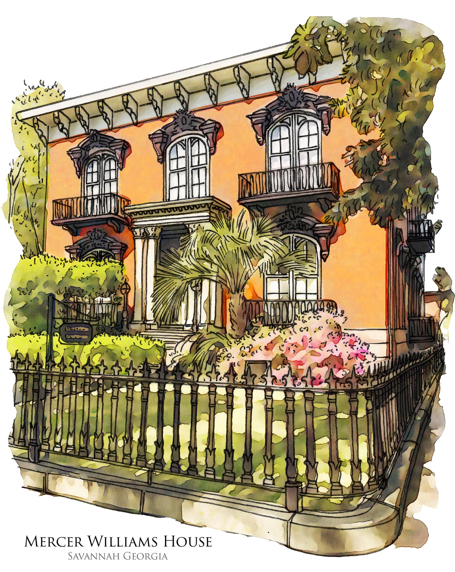 watercolor painting of Mercer Williams House Savannah Georgia printed on a 20 inch by 20 inch throw pillow