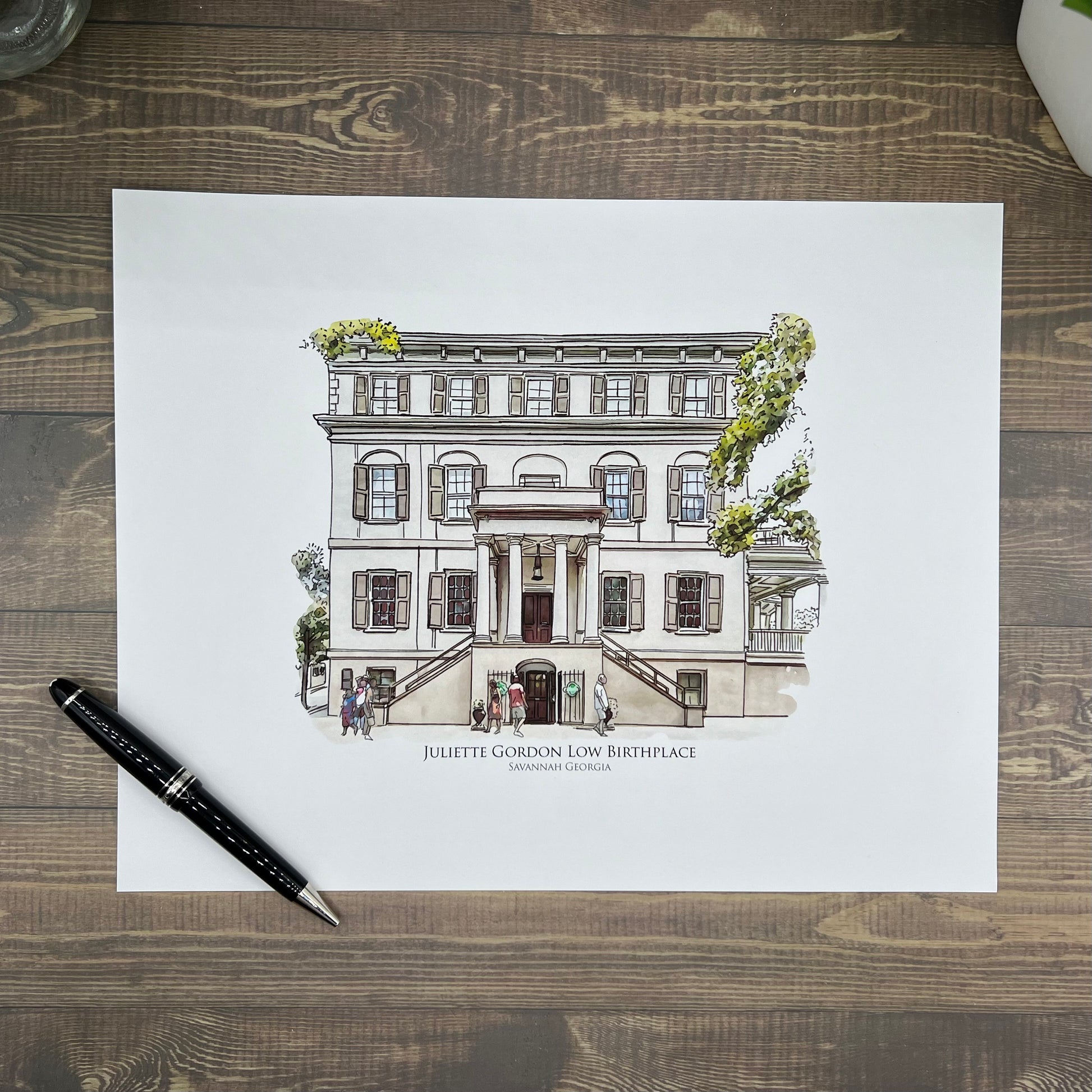 watercolor painting of Juliette Gordon Low Birthplace Savannah Georgia printed on a 20 inch by 20 inch throw pillow