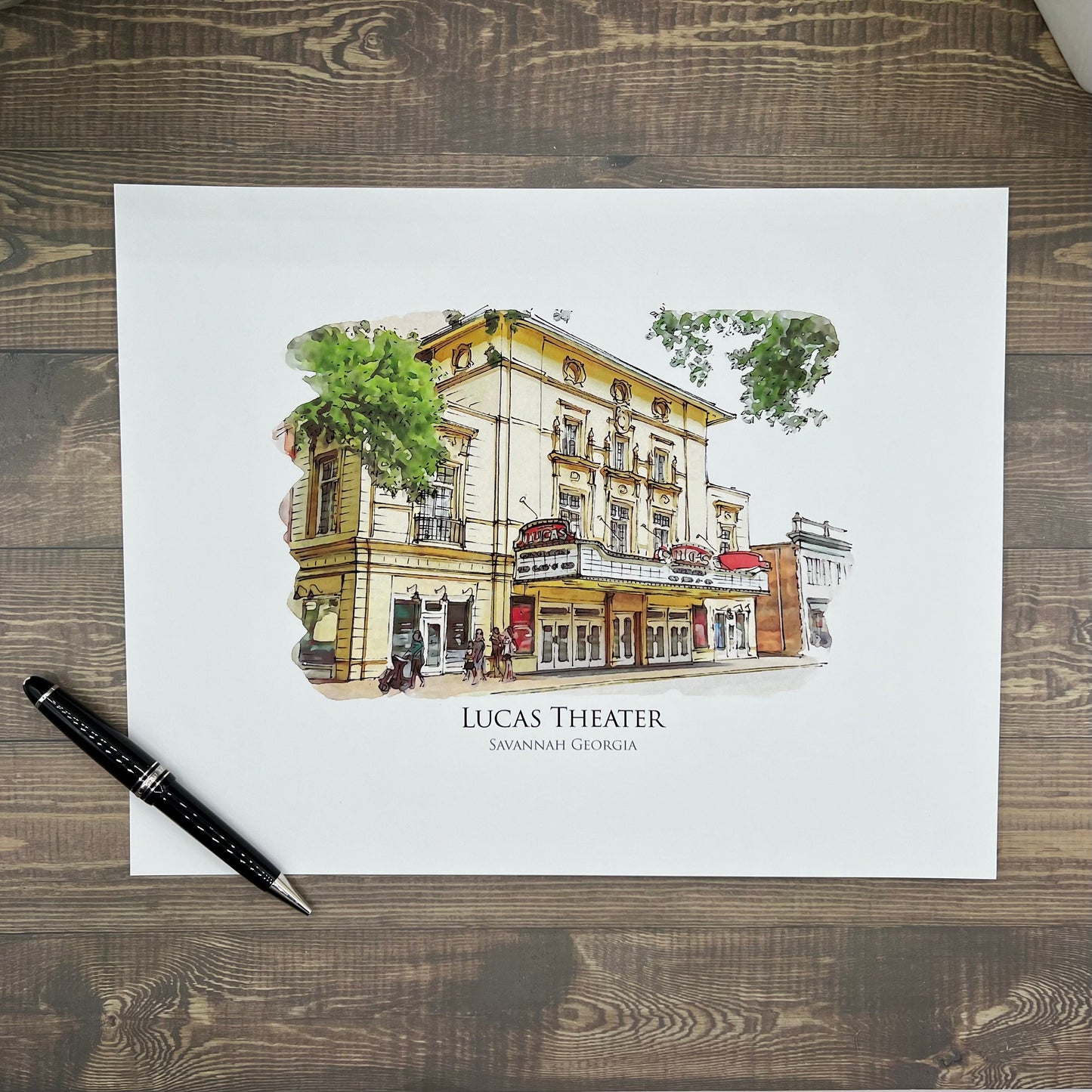 watercolor painting of Lucas Theater SCAD Savannah Georgia printed on a 20 inch by 20 inch throw pillow