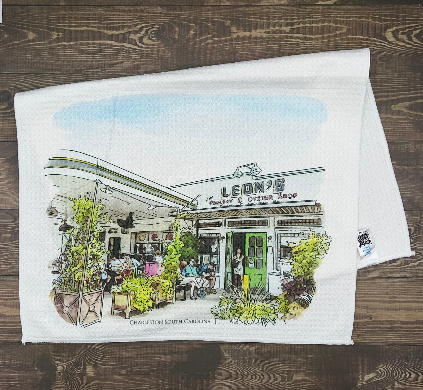 Leons Oyster Shop Charleston South Carolina (watercolor painting) printed on a microfiber kitchen towel 16" x 24"