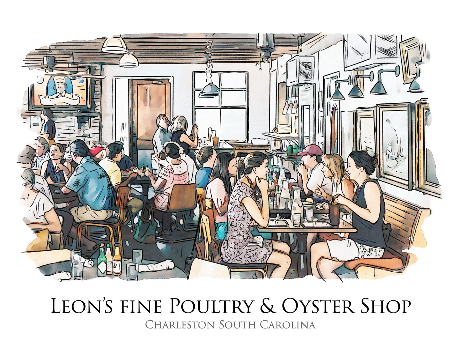 Leons Oyster Shop Charleston South Carolina (watercolor painting) printed on a microfiber kitchen towel 16" x 24"