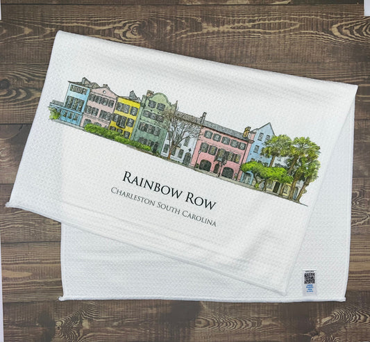 Rainbow Row Charleston South Carolina (watercolor painting) printed on a microfiber kitchen towel 16" x 24"