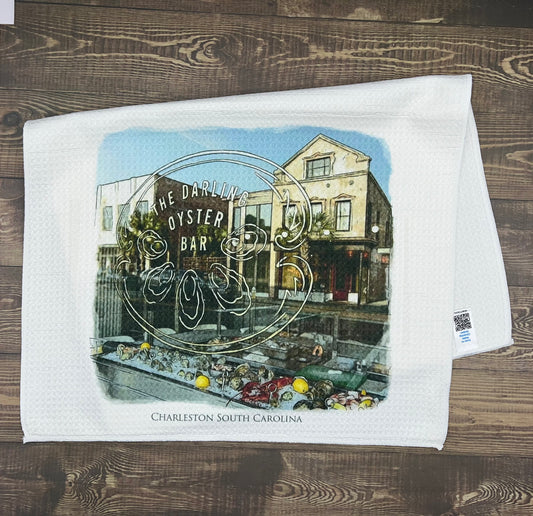 Darling Oyster Bar Charleston South Carolina (watercolor painting) printed on a microfiber kitchen towel 16" x 24"