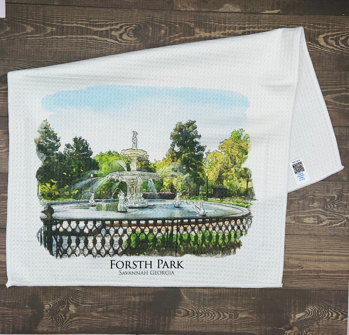 Forsyth Park Fountain Savannah Georgia (watercolor painting) printed on a microfiber kitchen towel 16" x 24"