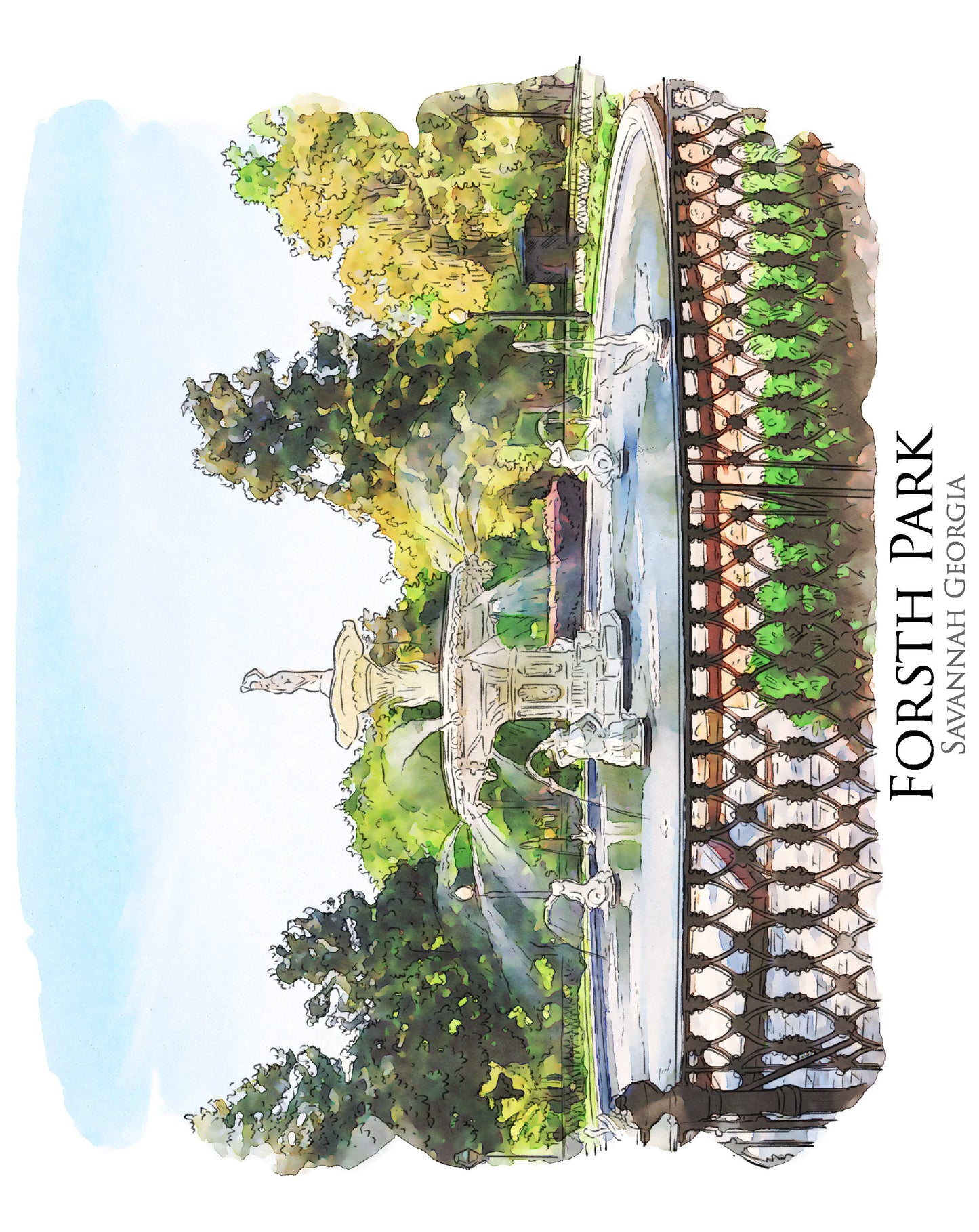 Forsyth Park Fountain Savannah Georgia (watercolor painting) printed on a microfiber kitchen towel 16" x 24"