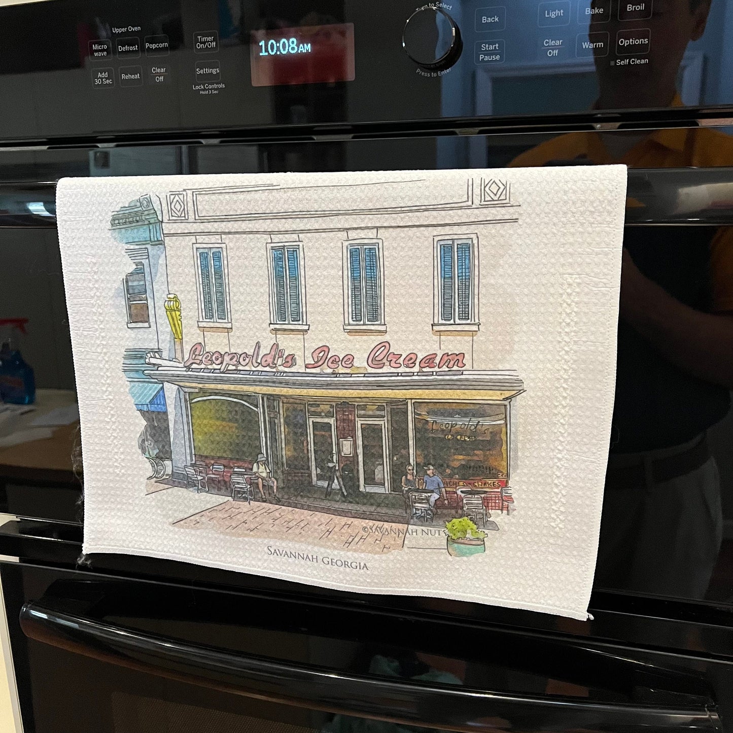 Leopolds Ice Cream Savannah Georgia (watercolor painting) printed on a microfiber kitchen towel 16" x 24"