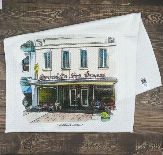 Leopolds Ice Cream Savannah Georgia (watercolor painting) printed on a microfiber kitchen towel 16" x 24"