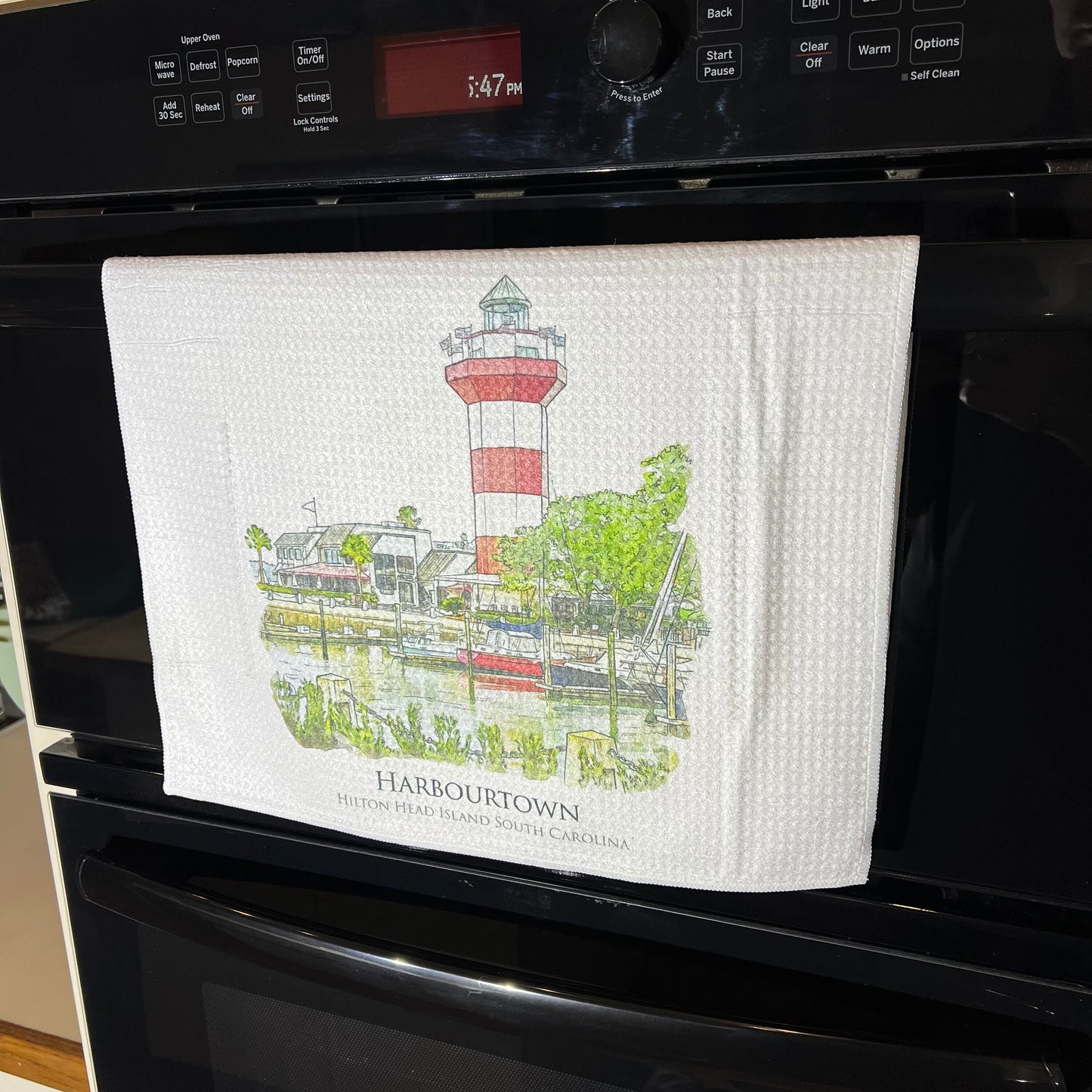 Harbourtown lighthouse Hilton Head Island South Carolina (watercolor painting) printed on a microfiber kitchen towel 16" x 24"