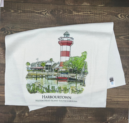 Harbourtown lighthouse Hilton Head Island South Carolina (watercolor painting) printed on a microfiber kitchen towel 16" x 24"