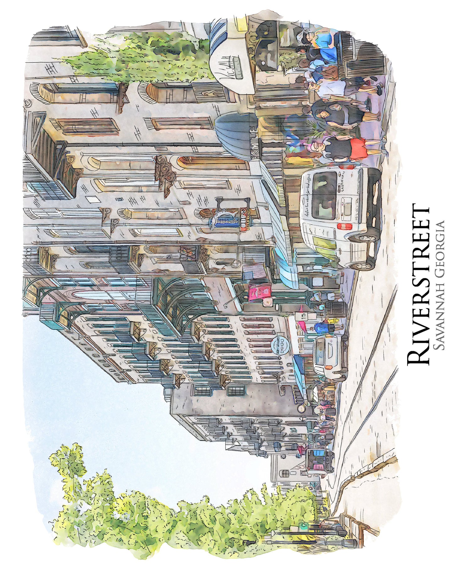 Riverstreet Savannah Georgia (watercolor painting) printed on a microfiber kitchen towel 16" x 24"