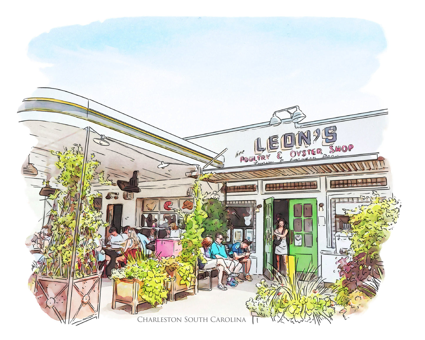 Leons Oyster Shop Charleston South Carolina (watercolor painting) printed on a microfiber kitchen towel 16" x 24"