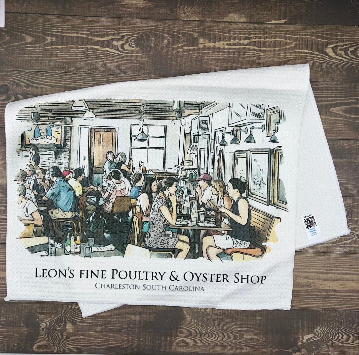 Leons Oyster Shop Charleston South Carolina (watercolor painting) printed on a microfiber kitchen towel 16" x 24"