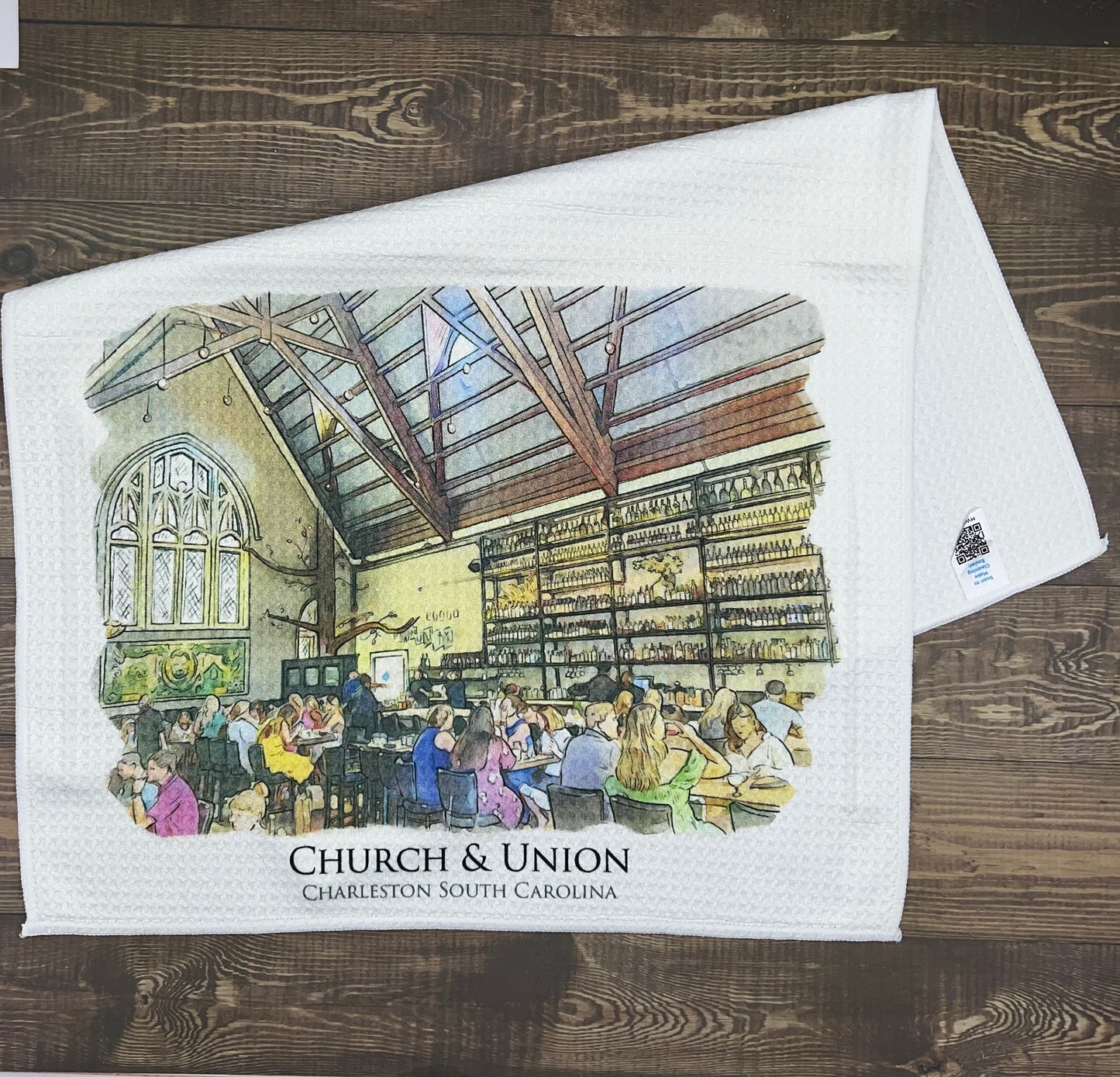 Church and Union Charleston South Carolina (watercolor painting) printed on a microfiber kitchen towel 16" x 24"