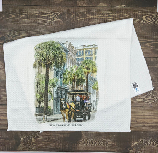 Charleston South Carolina (watercolor painting) printed on a microfiber kitchen towel 16" x 24"