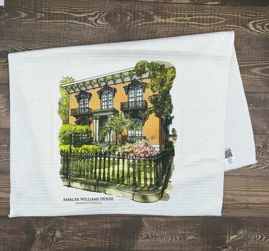 Mercer Williams House restaurant Savannah Georgia (watercolor painting) printed on a microfiber kitchen towel 16" x 24"