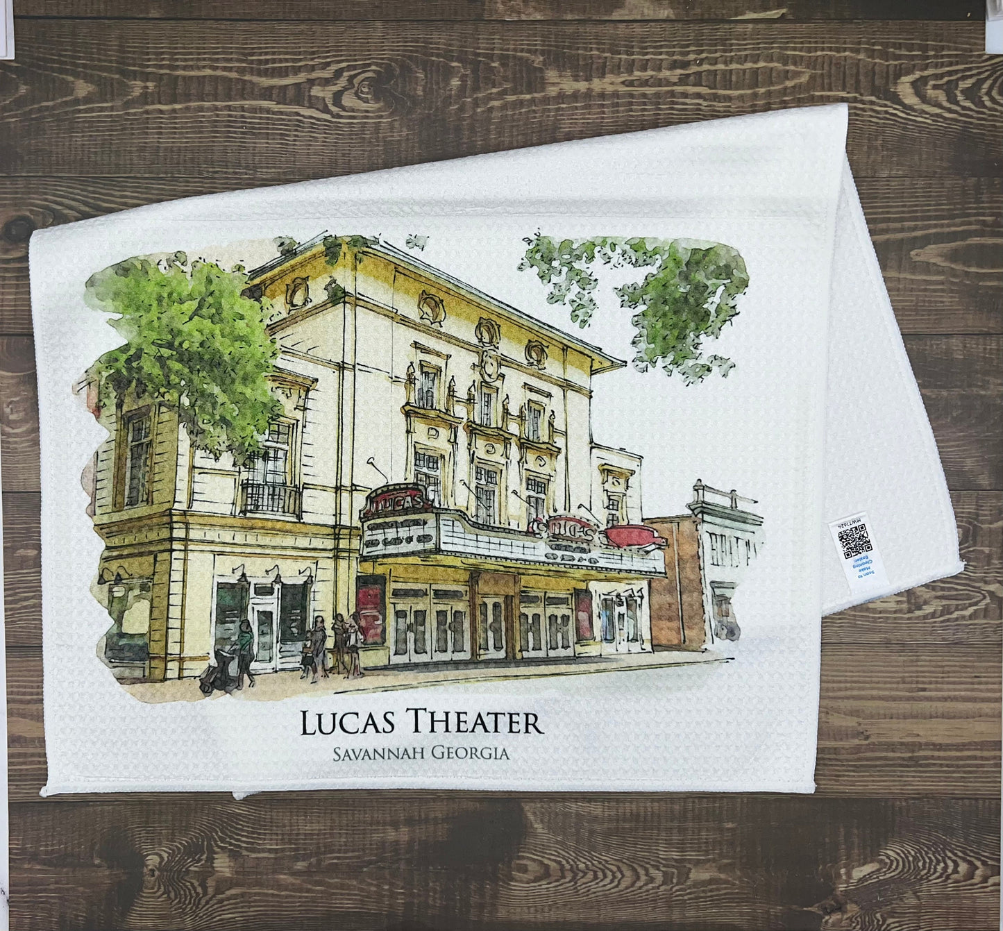 Lucas Theater SCAD Savannah Georgia (watercolor painting) printed on a microfiber kitchen towel 16" x 24"