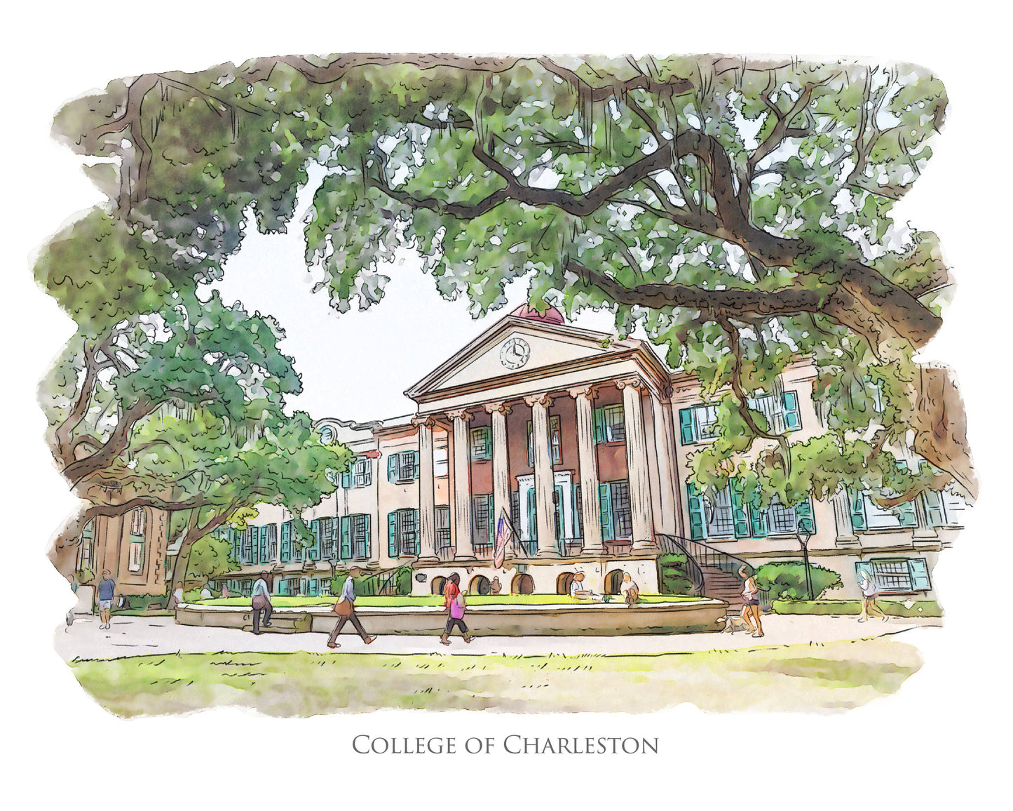 College of Charleston South Carolina (watercolor painting) printed on a microfiber kitchen towel 16" x 24"