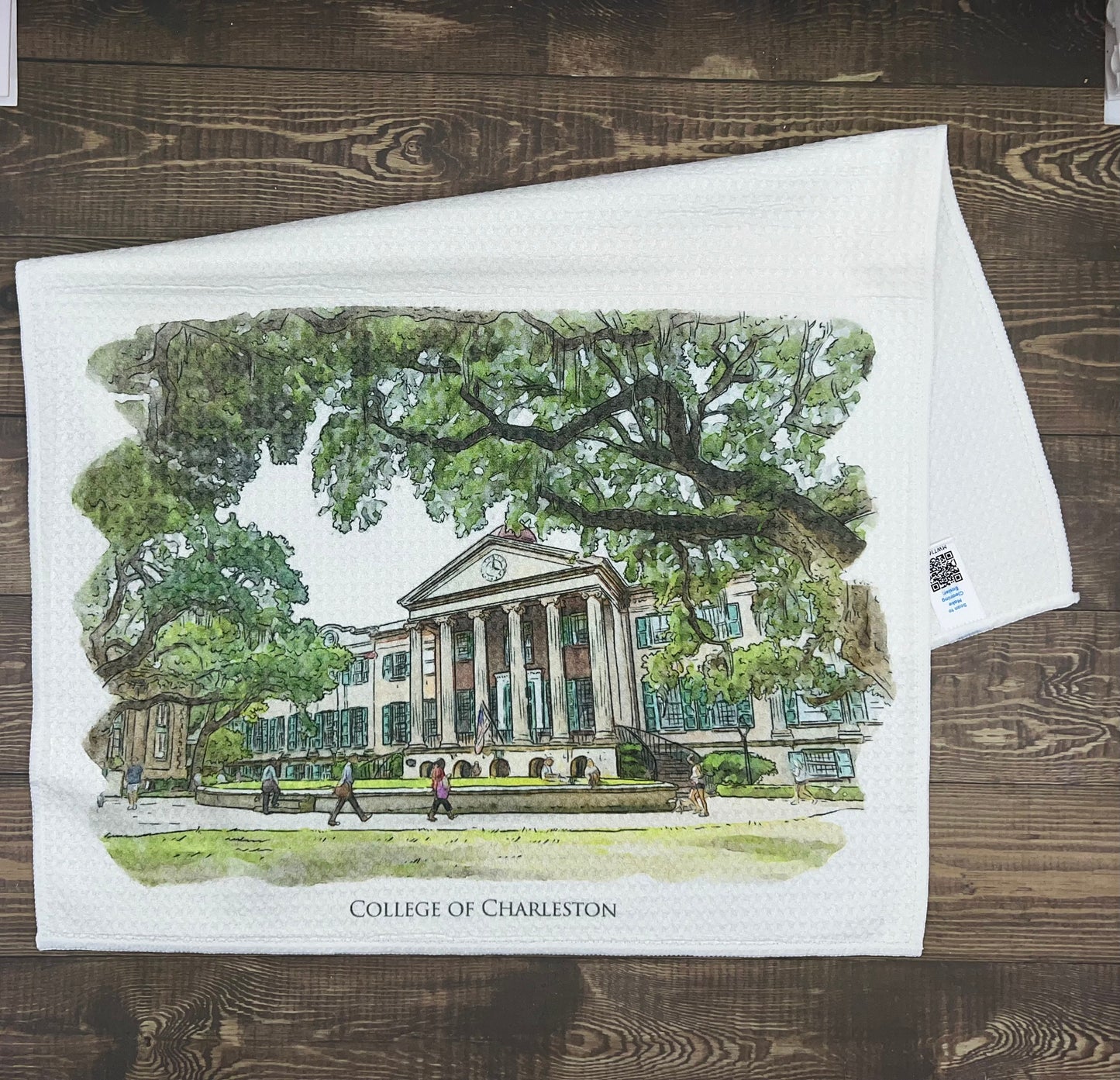 College of Charleston South Carolina (watercolor painting) printed on a microfiber kitchen towel 16" x 24"