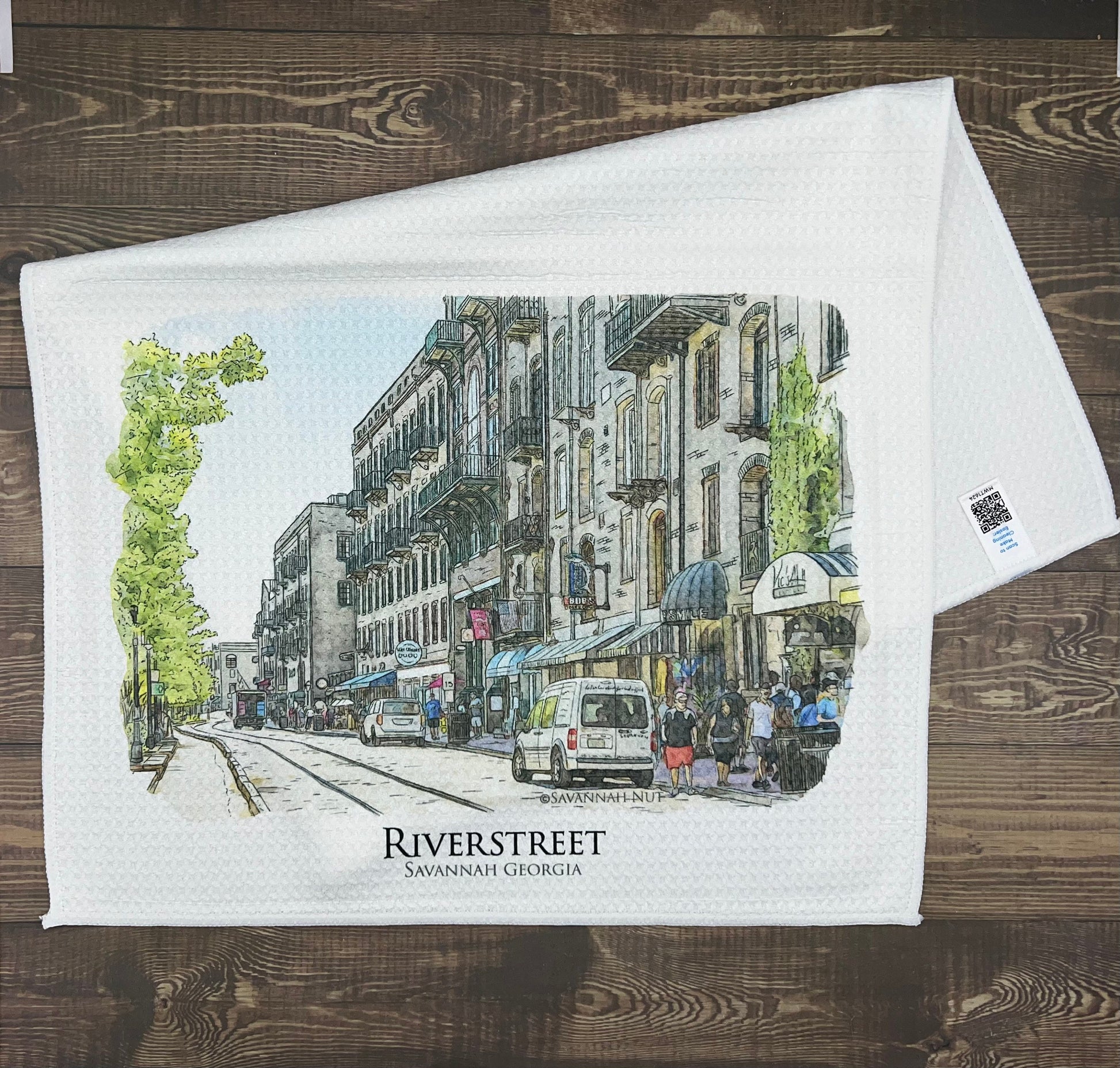 Riverstreet Savannah Georgia (watercolor painting) printed on a microfiber kitchen towel 16" x 24"