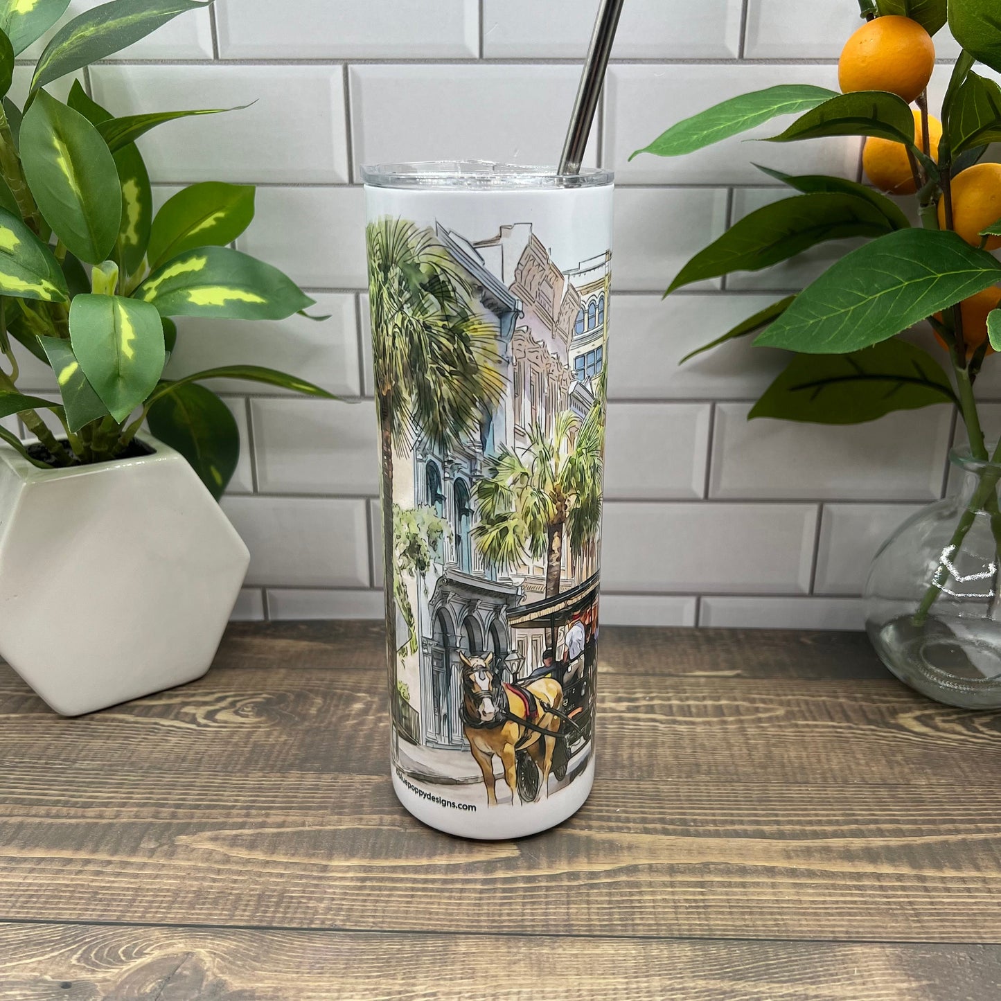 Charleston South Carolina Carriage Tour (original watercolor painting) on a 20 ounce double insulated tumbler