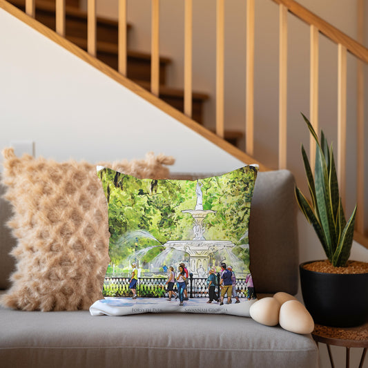 watercolor painting of the Forsyth Park Fountain Savannah Georgia printed on a 20 inch by 20 inch throw pillow