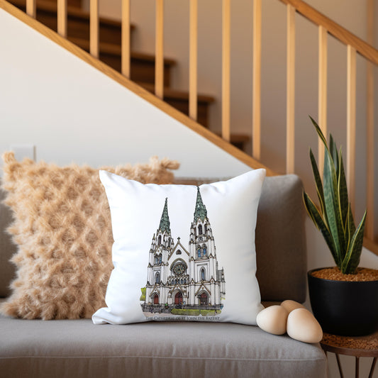 watercolor painting of The Cathedral of St John the Baptist Savannah Georgia printed on a 20 inch by 20 inch throw pillow