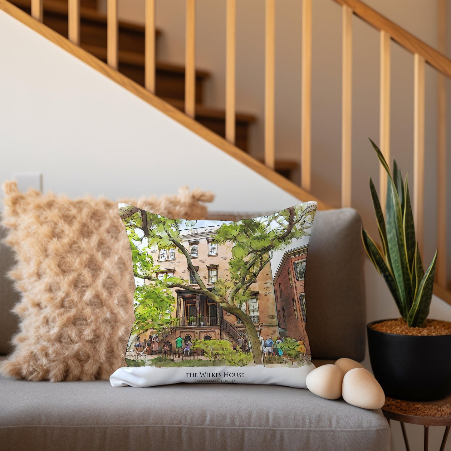 watercolor painting of The Wilkes House House Savannah Georgia printed on a 20 inch by 20 inch throw pillow