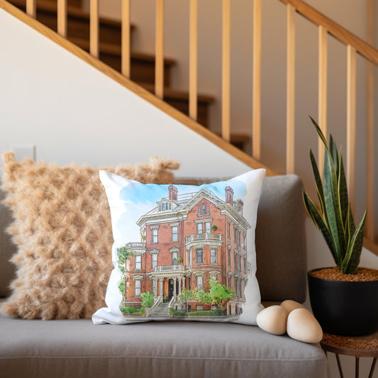 watercolor painting of The Kehoe House Savannah Georgia printed on a 20 inch by 20 inch throw pillow