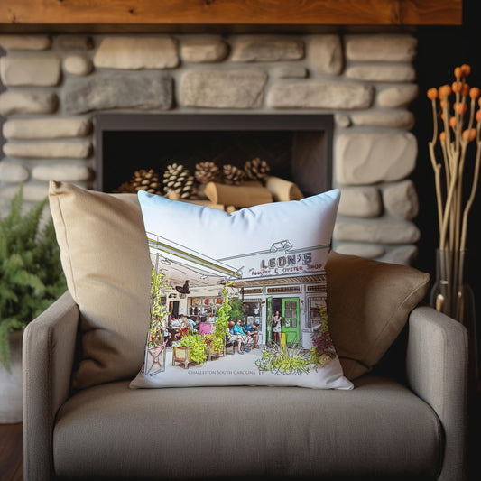 watercolor painting of Leons Oyster Shop Charleston South Carolina printed on a 20 inch by 20 inch throw pillow