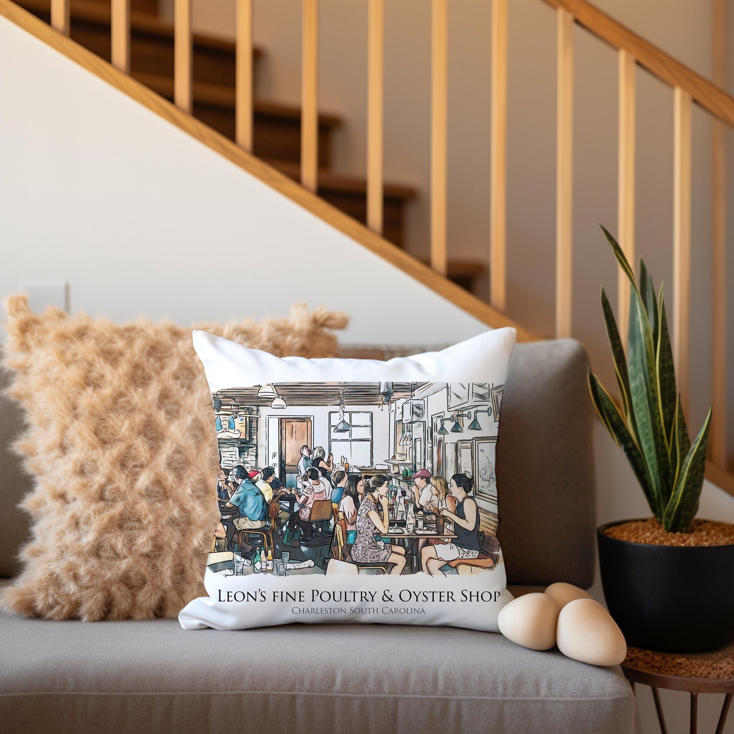 watercolor painting of Leons Oyster Shop Charleston South Carolina printed on a 20 inch by 20 inch throw pillow