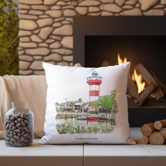 watercolor painting of Harbourtown Lighthouse Hilton Head Island South Carolina printed on a 20 inch by 20 inch throw pillow