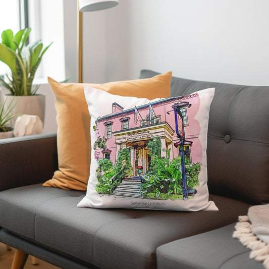 watercolor painting of The Olde Pink House Savannah Georgia printed on a 20 inch by 20 inch throw pillow